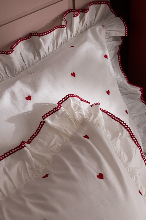  Coeur Tek Kişilik %100 Pamuk Kalp Nakışlı Nevresim Takımı - Beyaz/Kırmızı