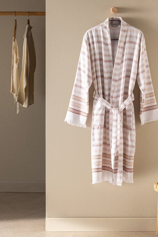  Guamod Kimono Pamuklu Unisex Bornoz - Beyaz/Bej